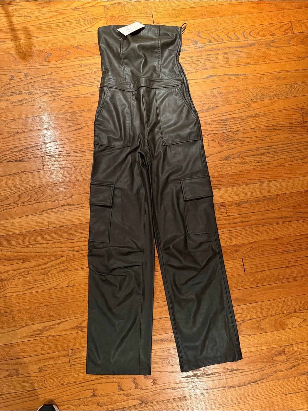 ZARA Strapless Faux Leather Cargo Jumpsuit Black S NWT